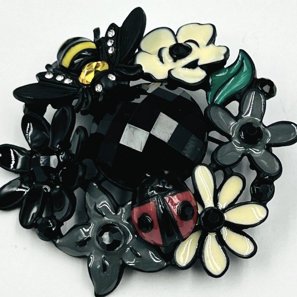 VINTAGE RHINESTONE ENAMEL BROOCH LADY BUG BUMBLE BEE FLOWERS